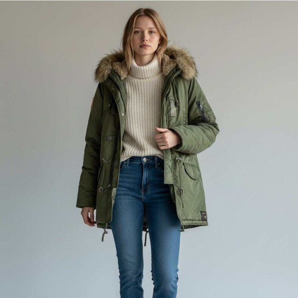 Denim & Supply Ralph Lauren Faux Fur Hooded Down Coat Women's Sz L Green Chic